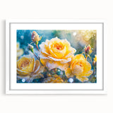 Extra large abstract art print of frost textures in muted blue tones, framed in white, ideal for living room decor.