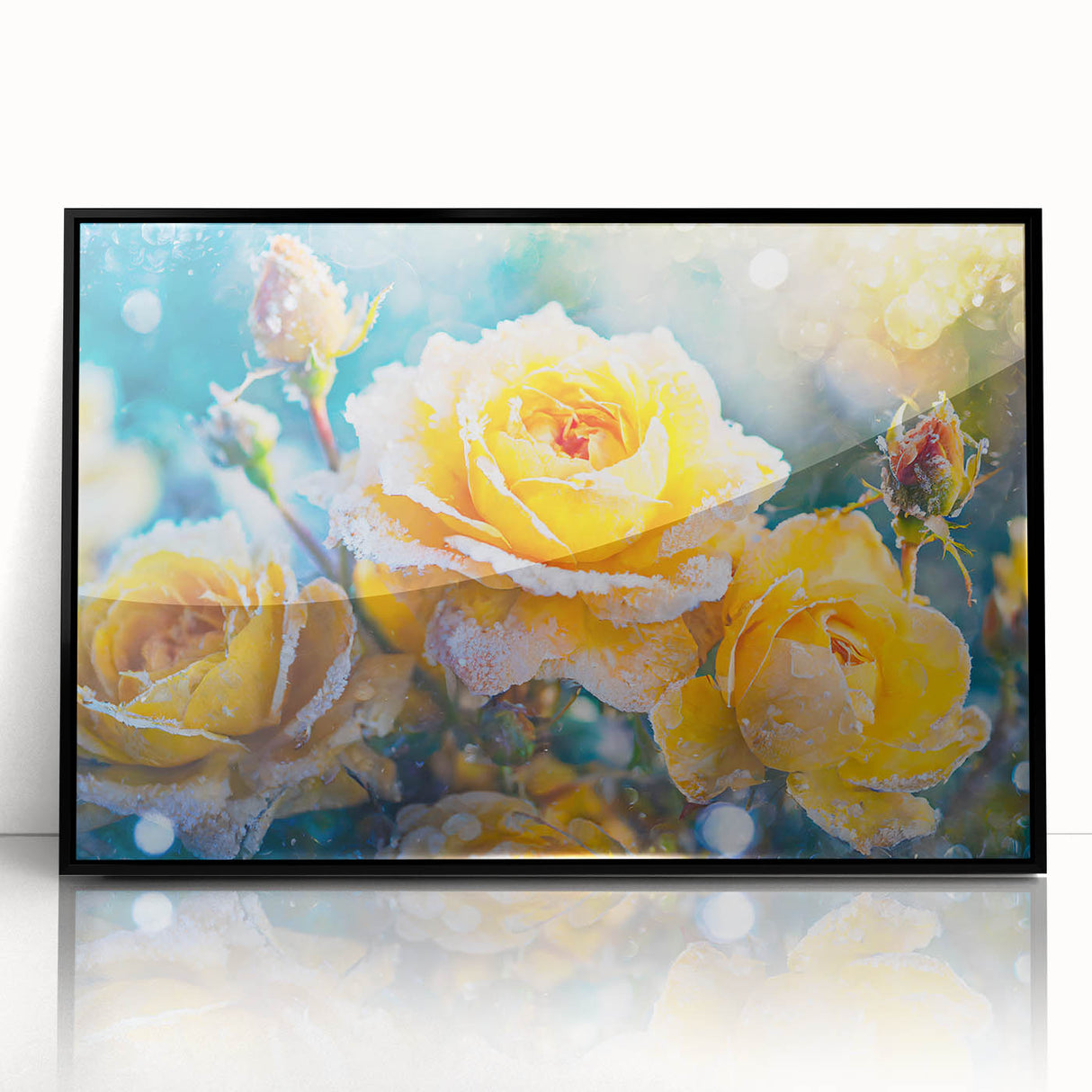 Framed acrylic print of a large abstract wall art featuring frost patterns in black and white.