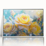 Large art print of a close-up frost design on acrylic, in muted blue and white tones, framed.