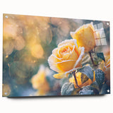 Close-up of frost patterns in muted blue and white tones on acrylic glass, ideal for bedroom or dining room wall art.