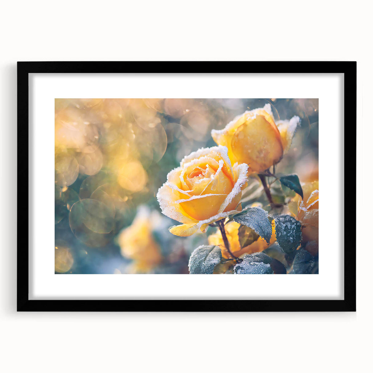 Extra large abstract art print featuring a textured, colorful frost design on a black framed canvas.