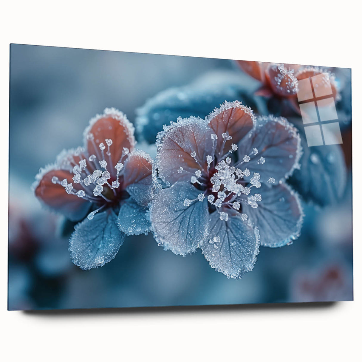 Close-up of frost patterns in muted blue and white on acrylic glass, suitable as large abstract bedroom or dining room art.