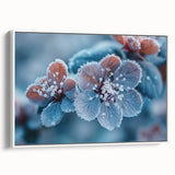 Framed canvas featuring a close-up of frost patterns in muted gray tones, ideal for bedroom wall art.