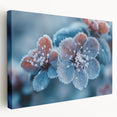 Side view of a large stretched canvas featuring a close-up of ice with frost patterns, in muted blue and white tones.