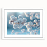 Frost pattern abstract art print in muted blue and white, framed with a white mat.