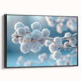 Framed canvas featuring a close-up of frost patterns in muted gray tones, ideal for bedroom wall art.