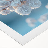 Art deco poster featuring a close-up of frost patterns in muted blue and white tones on rolled canvas.