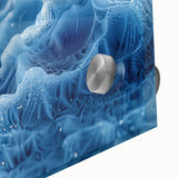Close-up of frost patterns on glass in muted blue tones, large acrylic print.