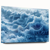 Close-up of frost patterns on acrylic glass, in cool blue tones, suitable for bedroom or dining room decor.