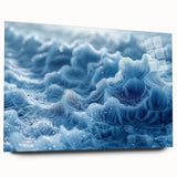 Large abstract wall art featuring close-up patterns of frost in blues and whites on acrylic glass.