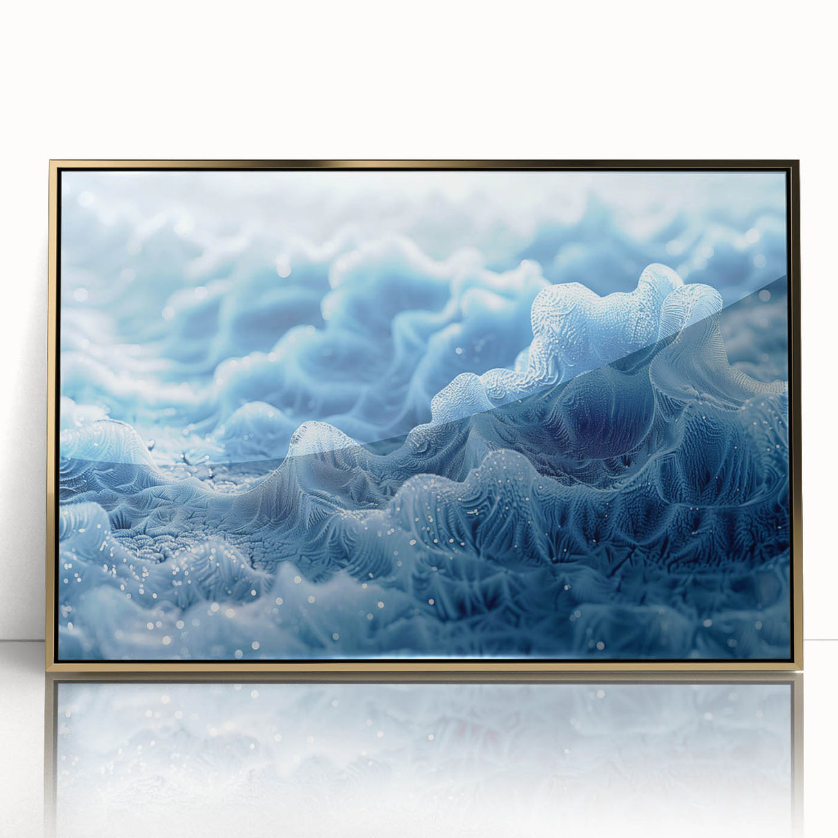 Mid-century modernist art depicting ice frost design in muted blue tones on framed acrylic, ideal for modern art wall decor.