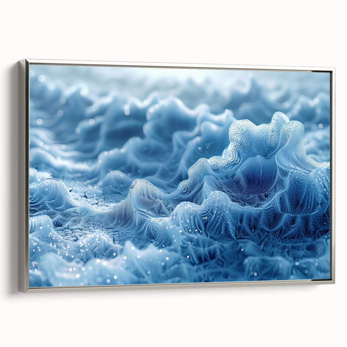 Vintage poster art featuring a close-up of frost patterns in muted gray tones, framed in silver.