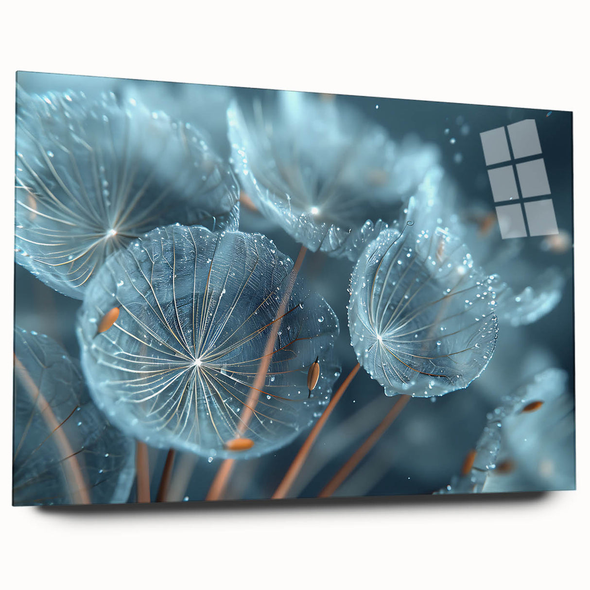 Close-up image of frost patterns on ice in muted blue and white tones, printed on large acrylic glass.
