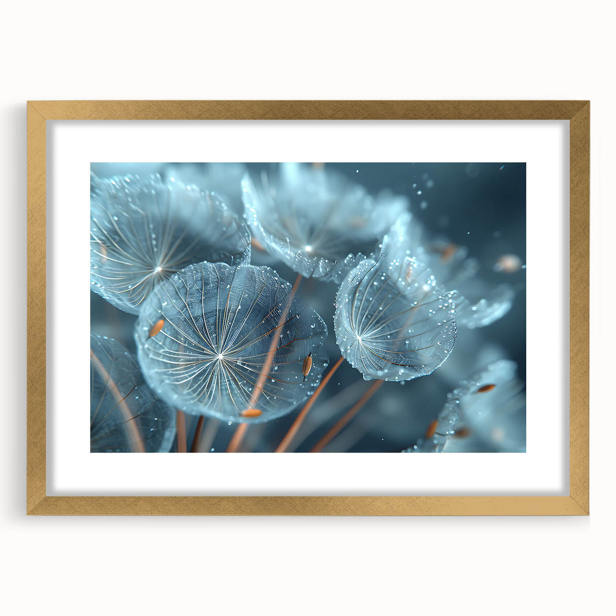 Close-up textured art of frost patterns in muted gray, framed in gold, ideal for bedroom ambiance.