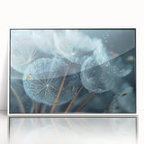 Framed acrylic print featuring a close-up of ice with a frost design in muted gray tones, ideal for modern art wall decor.