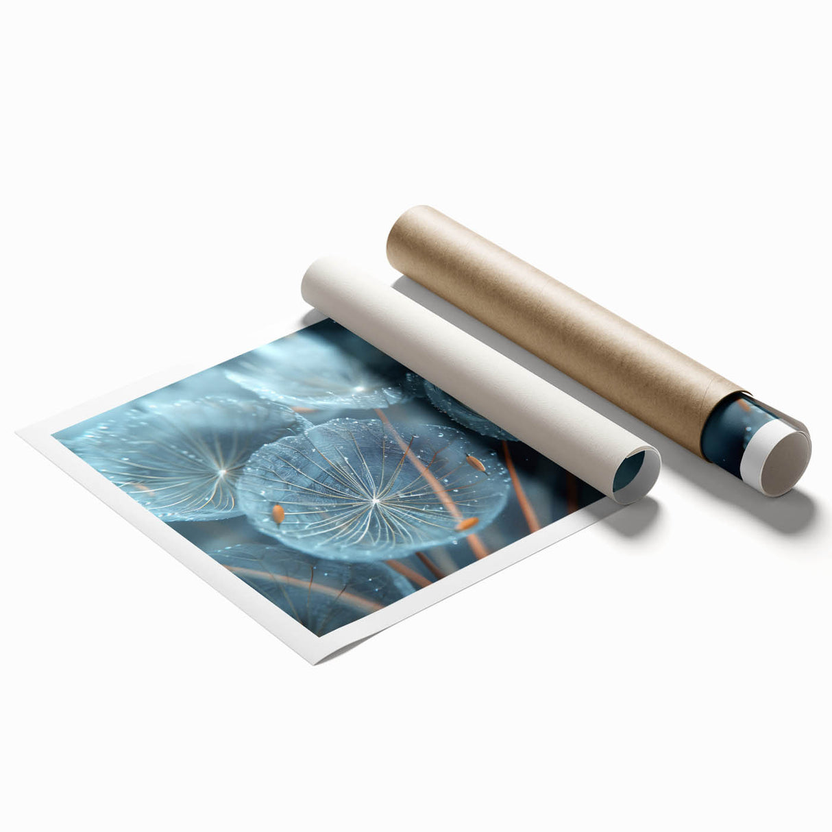 Extra large rolled print featuring a close-up of frost patterns in muted blue and white tones.