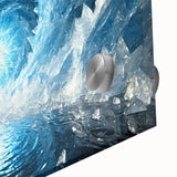 Close-up of frost design in muted blue and white tones on acrylic glass, suitable as large abstract dining room art.