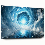 Close-up of frost pattern on acrylic glass, in cool blue and white tones, suitable for modern bedroom or dining room decor.