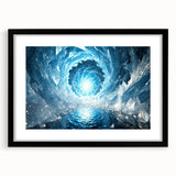 Abstract art print featuring a close-up of frost in vibrant blue and white hues, framed in black.