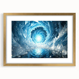 Textured art of abstract frost design in icy blue tones, framed in gold, ideal for bedroom art.