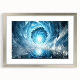 Abstract art print of frost patterns in muted blue and white tones, framed in silver.