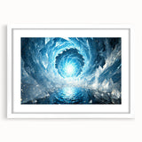 Extra large abstract art print featuring a frost-like textured design in white and gray tones, framed with a white mat.