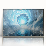 Framed acrylic print featuring a close-up of frost patterns in silver tones, suitable for modern art wall decor.