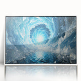 Close-up of frost on ice in muted gray and white tones, framed acrylic print, suitable for modern nursery decor.