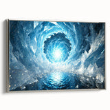 Close-up of frost pattern on a vintage poster art, framed canvas in silver, featuring black and colorful art.