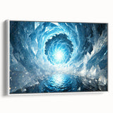 Framed canvas depicting a close-up of frost patterns in muted white and gray tones, suited for bedroom wall art.