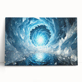 Black and white close-up photograph of frost patterns on ice, printed on a large stretched canvas.