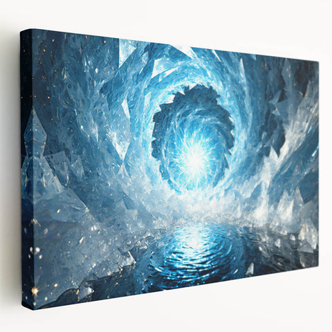 Close-up of frost pattern on ice in muted blue and white tones on a large stretched canvas, suitable for kitchen wall art.
