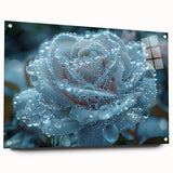 Large abstract wall art on acrylic glass depicting frost patterns in blue and white.