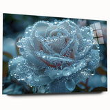 Large abstract wall art print on acrylic glass, featuring intricate ice patterns in blue and white tones.