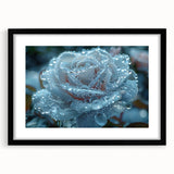 Extra large abstract art print featuring a close-up frost design in vibrant blue and white hues, framed in black.