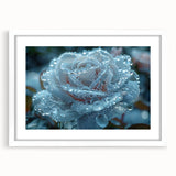 Extra large abstract art print featuring a frost design in muted blue and white tones, framed with a white mat.