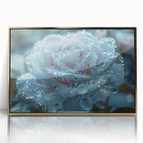 Mid-century modernist art deco poster featuring close-up of frost patterns in muted gray tones, framed in gold acrylic.