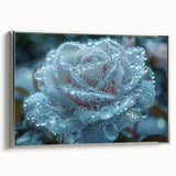 Vintage poster art featuring a close-up of frost patterns in black and colorful hues on a large framed canvas.