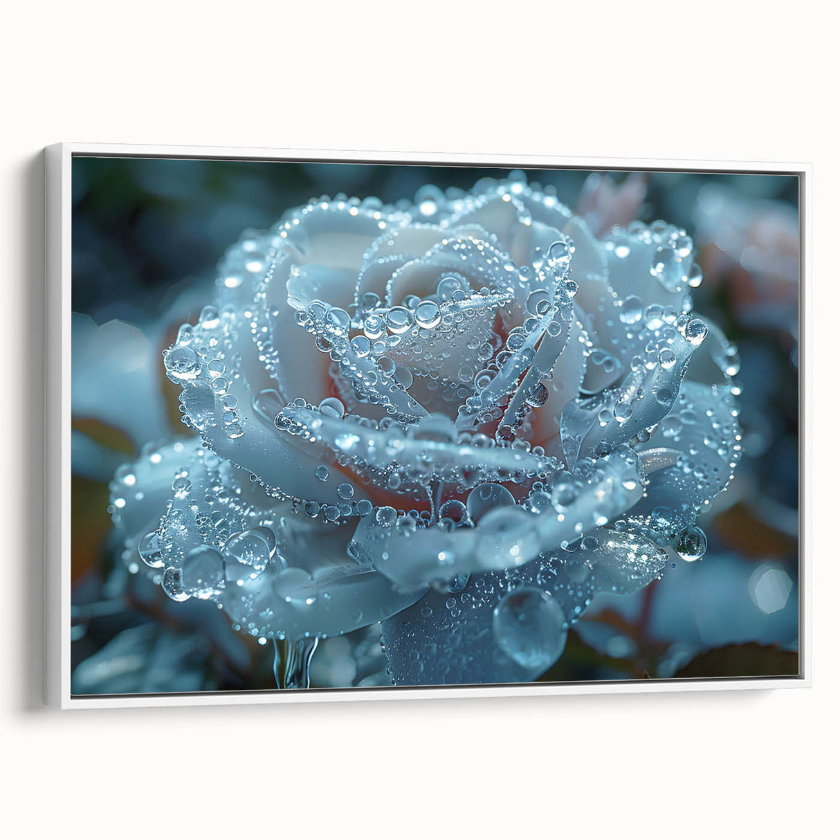 Framed canvas depicting a close-up of frost patterns in monochrome, ideal for bedroom wall art.