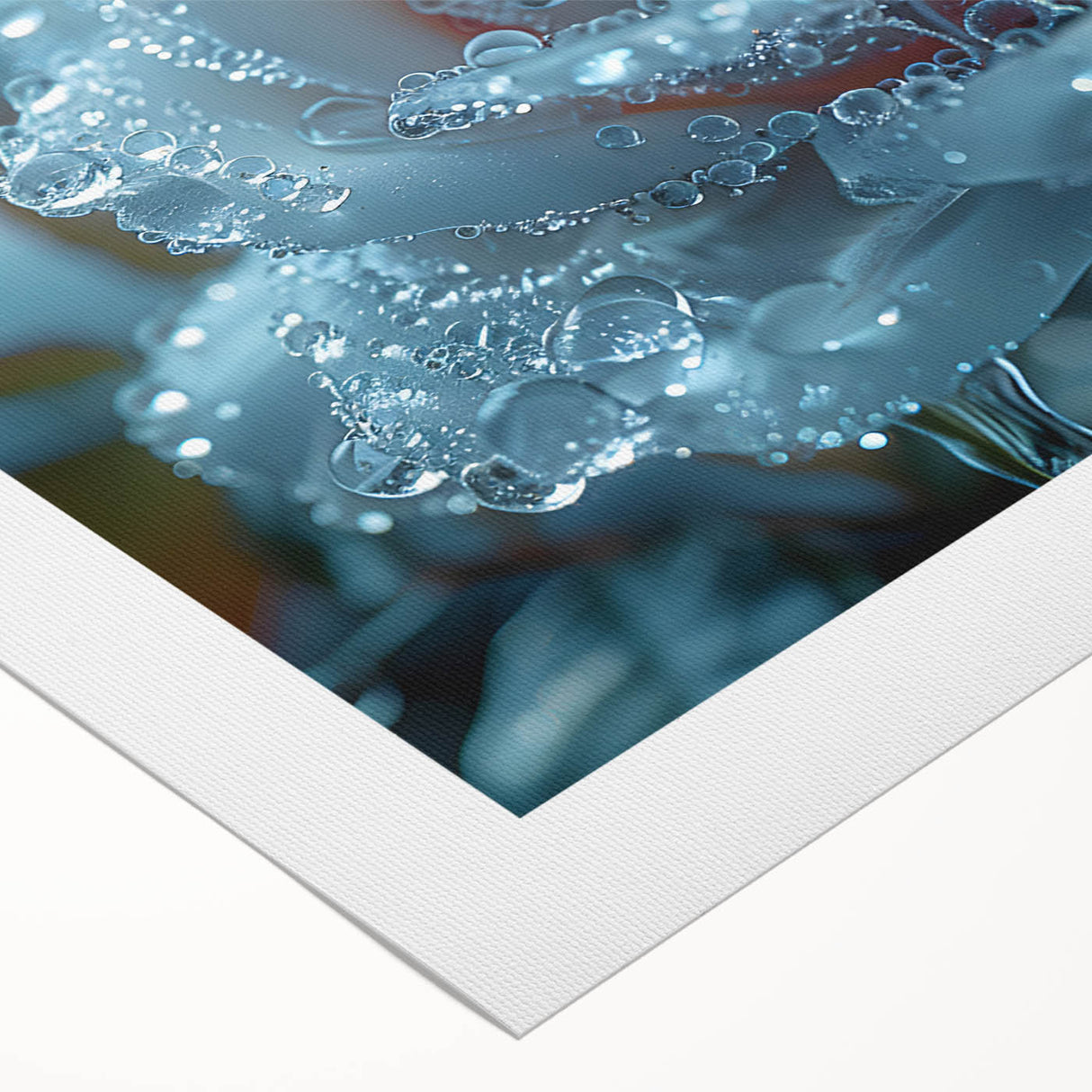 Art deco poster featuring a close-up of frost patterns in muted blue tones on rolled canvas.