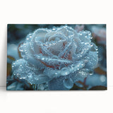 Frost pattern close-up in black and white on a stretched canvas, ideal for kitchen wall art or bedroom decor.