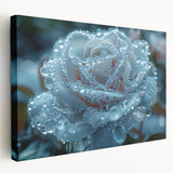 Close-up image of frost patterns on a stretched canvas, featuring a monochrome blue palette, suitable for kitchen wall art.