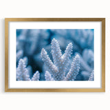 Textured art depicting abstract frost patterns in muted white and blue tones, framed in gold, ideal for bedroom art.