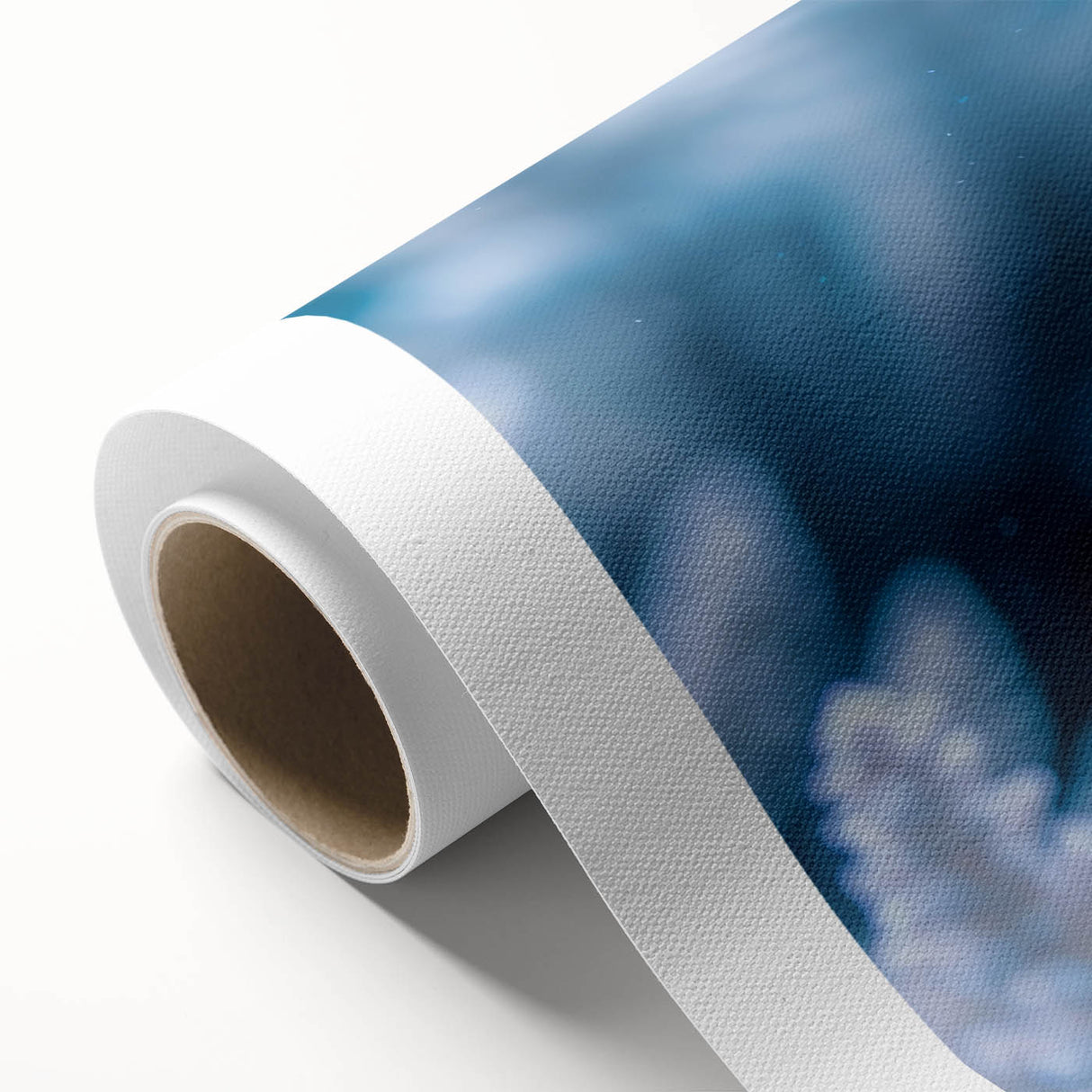 Art deco poster of intricate frost patterns in muted blue and white hues on rolled canvas, ideal for nursery wall art.