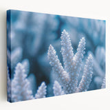 Close-up image of frost patterns on ice in muted blue and white tones on a stretched canvas, ideal for kitchen wall art.