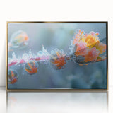 Mid-century modernist art featuring a close-up of frost patterns in gray tones, framed in acrylic with a gold finish.