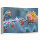 Framed canvas depicting a close-up of frost patterns in grayscale, suitable as wall art for bedrooms.