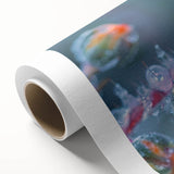 Art deco poster depicting a close-up of frost patterns in muted blue and white tones on rolled canvas.