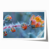 Close-up image of frost patterns on ice in muted blue and white tones, rolled print.