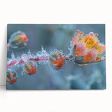 Black and white close-up of frost patterns on ice, printed on stretched canvas.